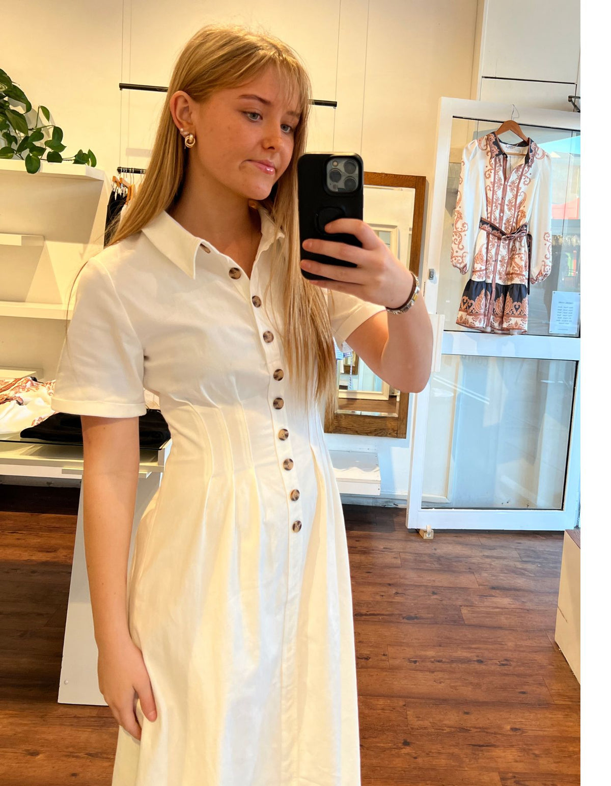 Kris Short Sleeve Button Down Midi Dress in White