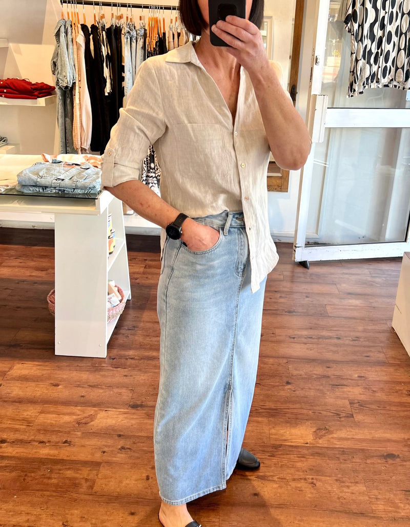 Tokyo V Neck Button Down Shirt in Beige Linen