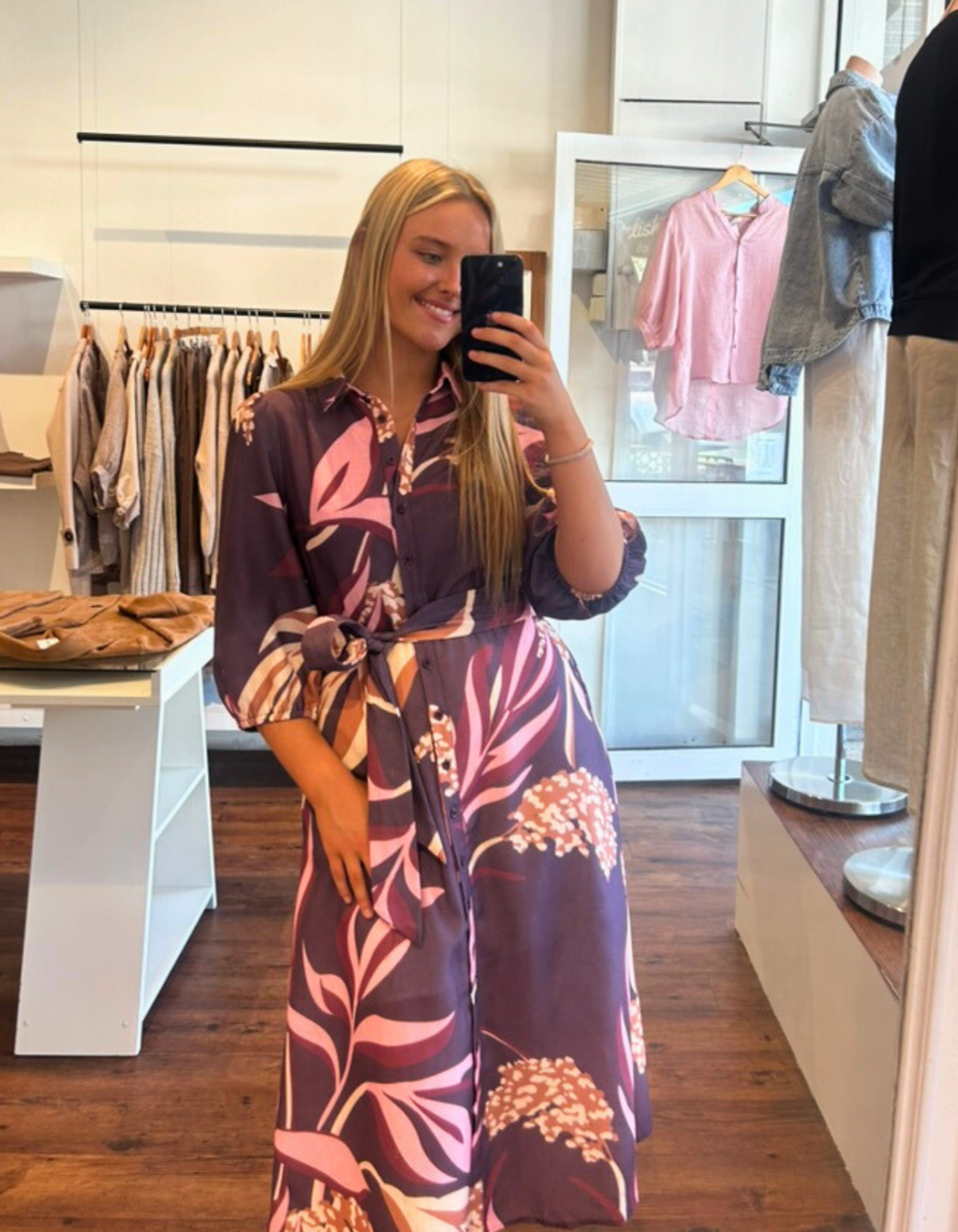 Luna Half Sleeve Button Up Belted Midi Dress in Plum Print