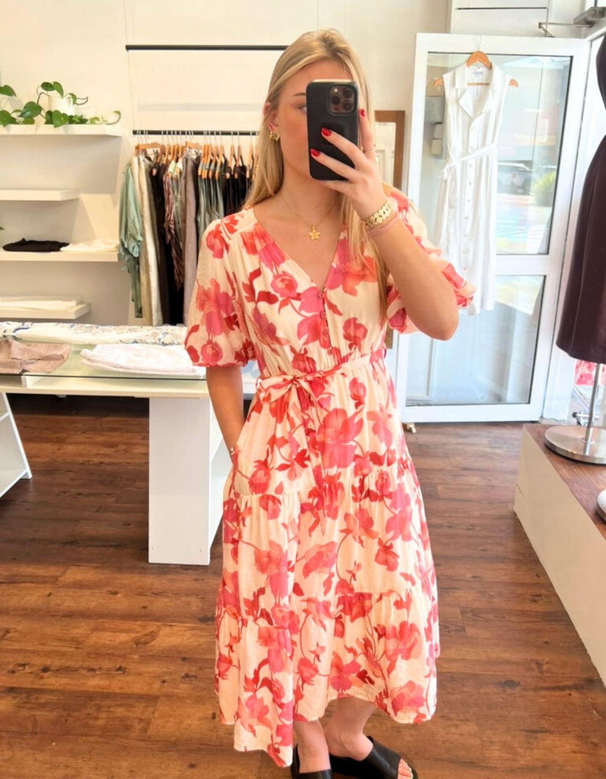 Arin Elastic Waist Midi Dress in Pink Floral