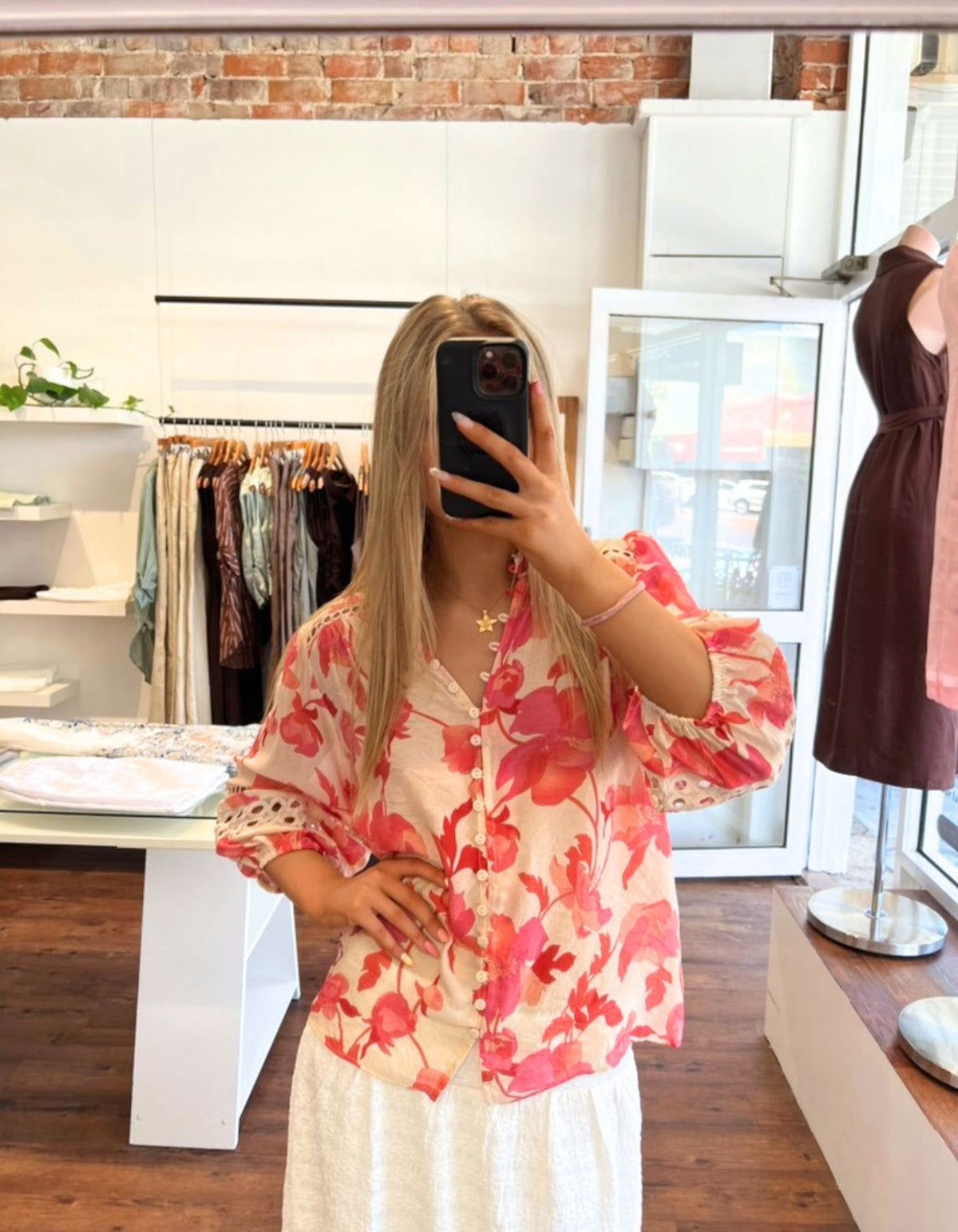 Arin Button Down 3/4 Sleeve Top in Pink Floral