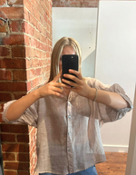 River Button Down Collarless Sheer Linen Shirt in Taupe