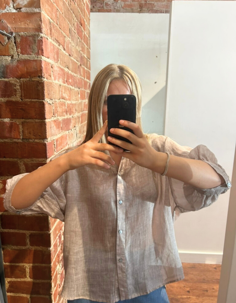 River Button Down Collarless Sheer Linen Shirt in Taupe