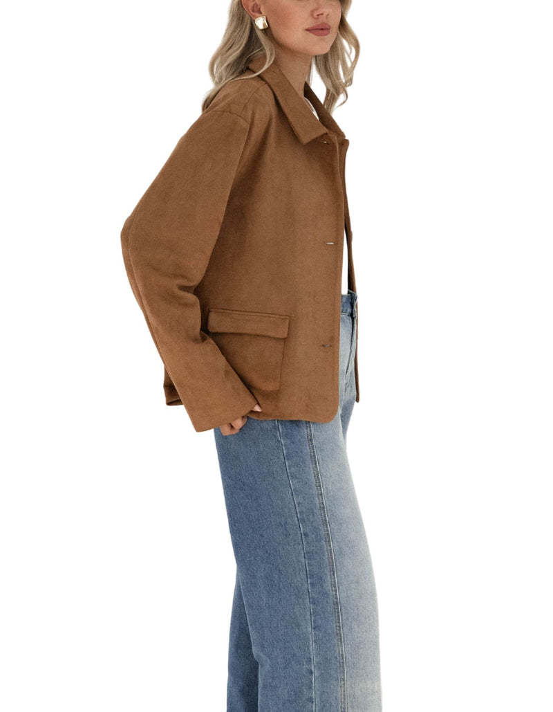 Reese Relaxed Button Up Suede Jacket in Camel