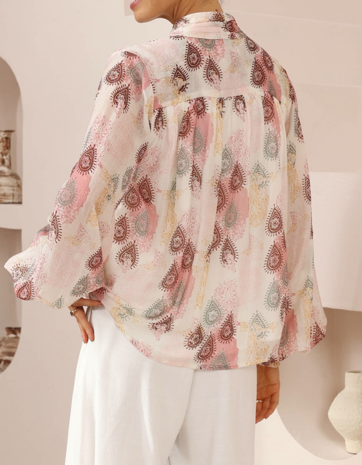 Estellle Button Down Blouse in Pink Paisley Print
