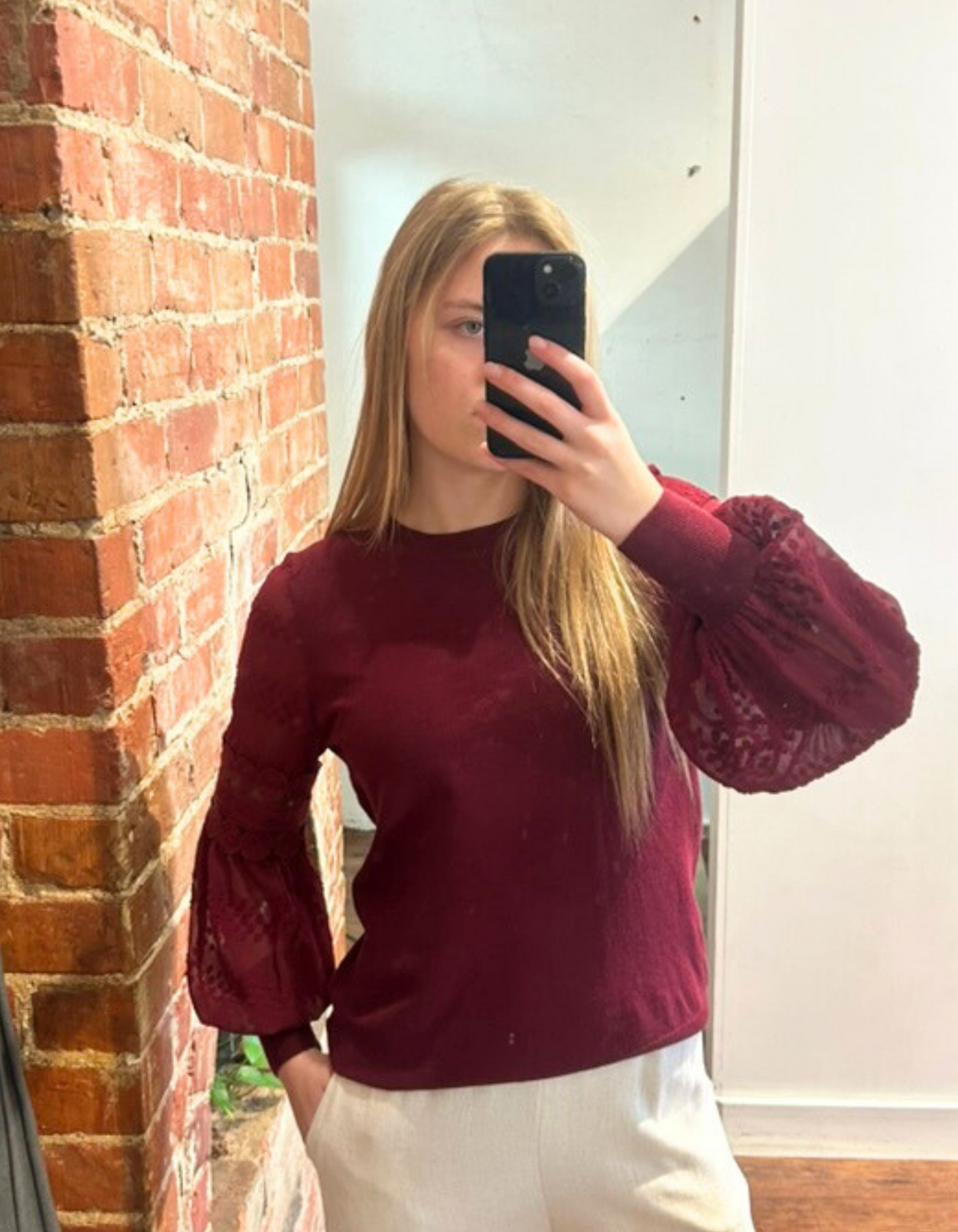 Teagan Long Lace Sleeve Top in Burgundy