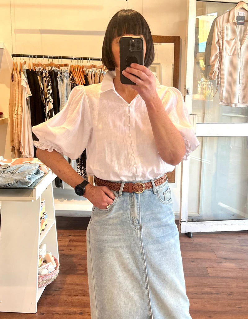 Rio Gathered Sleeve Button Down Top in White Linen