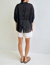 River Button Down Collarless Sheer Linen Shirt in Black