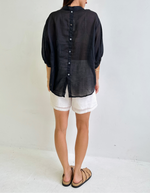River Button Down Collarless Sheer Linen Shirt in Black