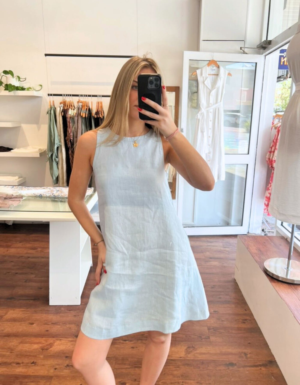 Apex A Line Sleeveless Linen Shift Dress in Light Blue