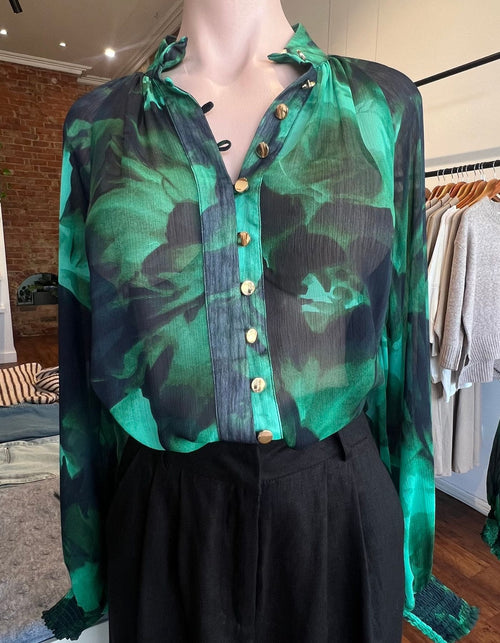 Jeena Gold Button Down Blouse in Emerald Print
