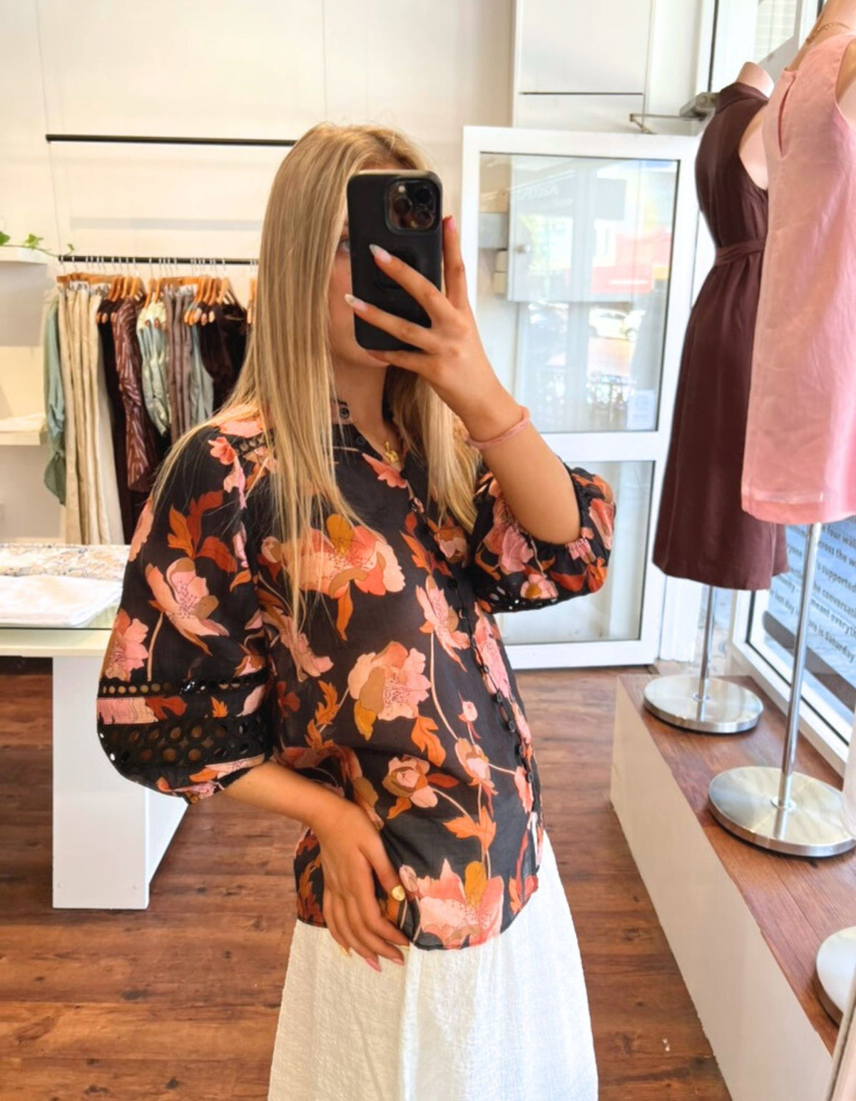 Arin Button Down 3/4 Sleeve Top in Black Floral