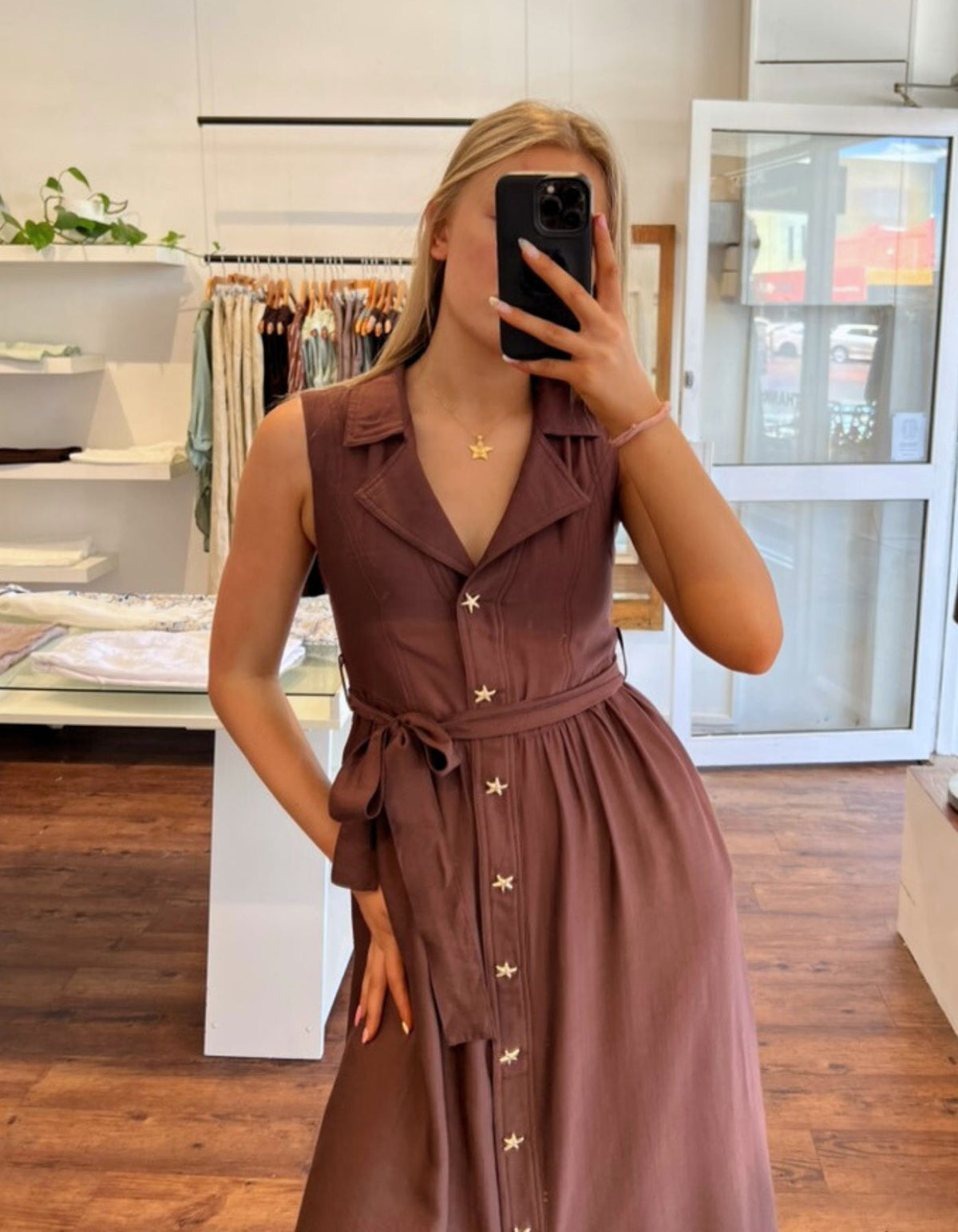 Tara Sleeveless Shirt Dress in Brown