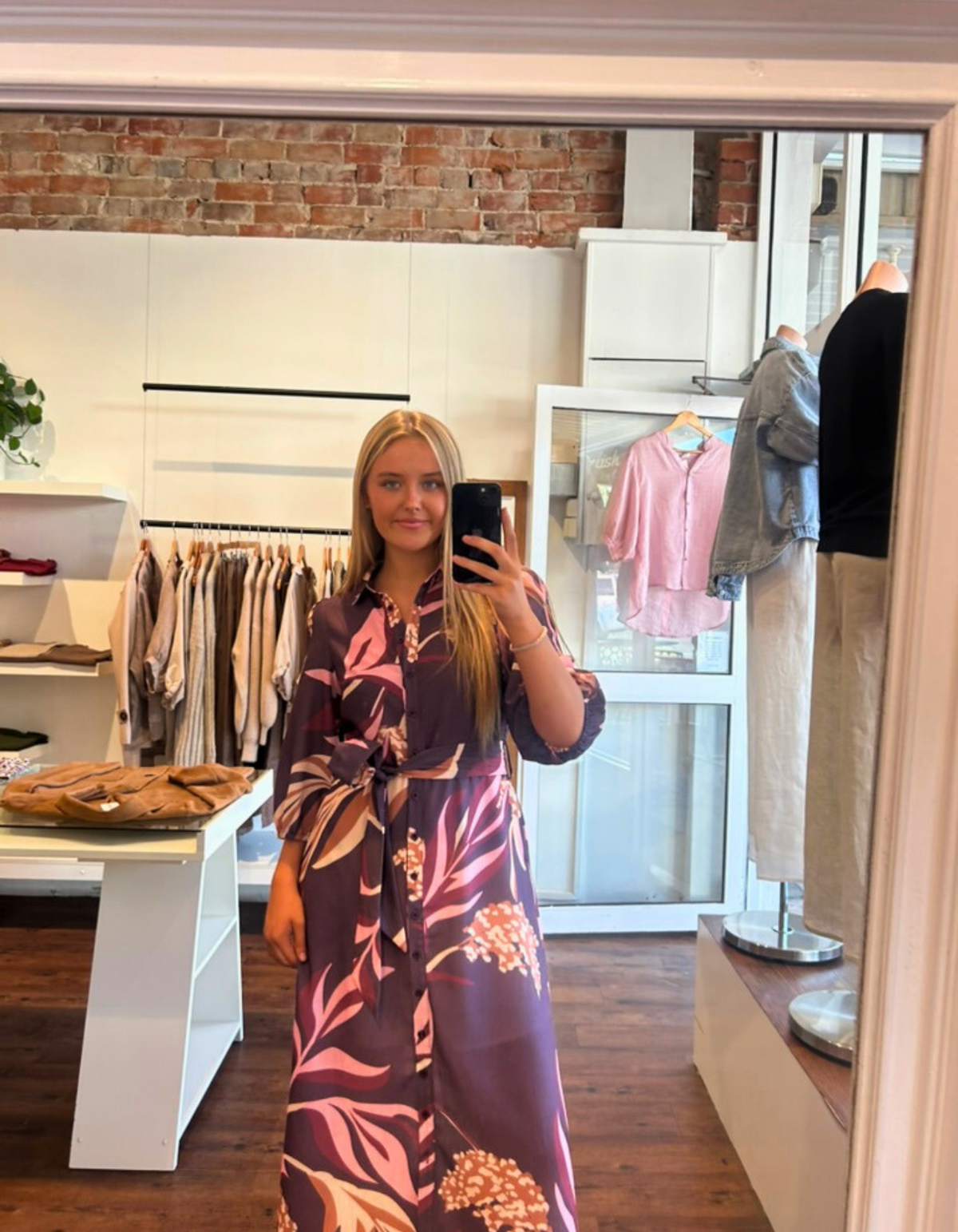 Luna Half Sleeve Button Up Belted Midi Dress in Plum Print