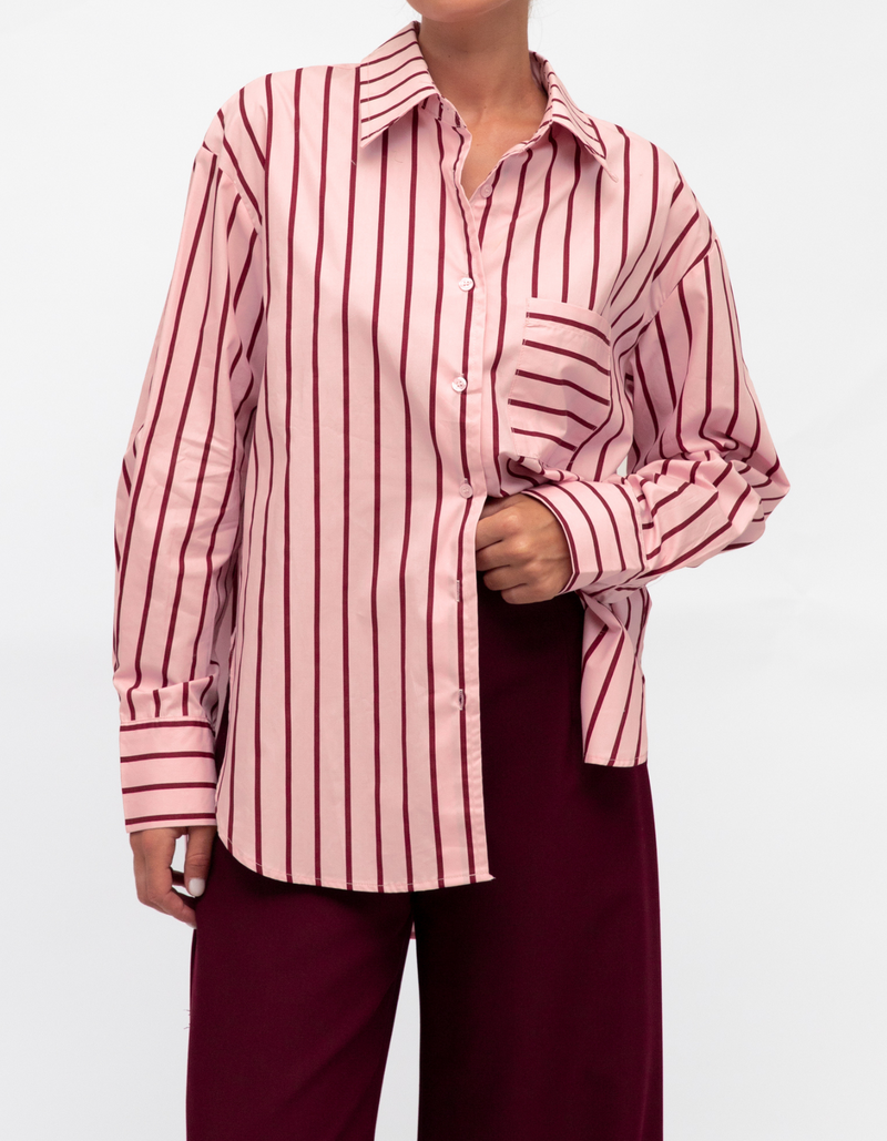 Maggie Button-Up Stripe Shirt in Pink/Red
