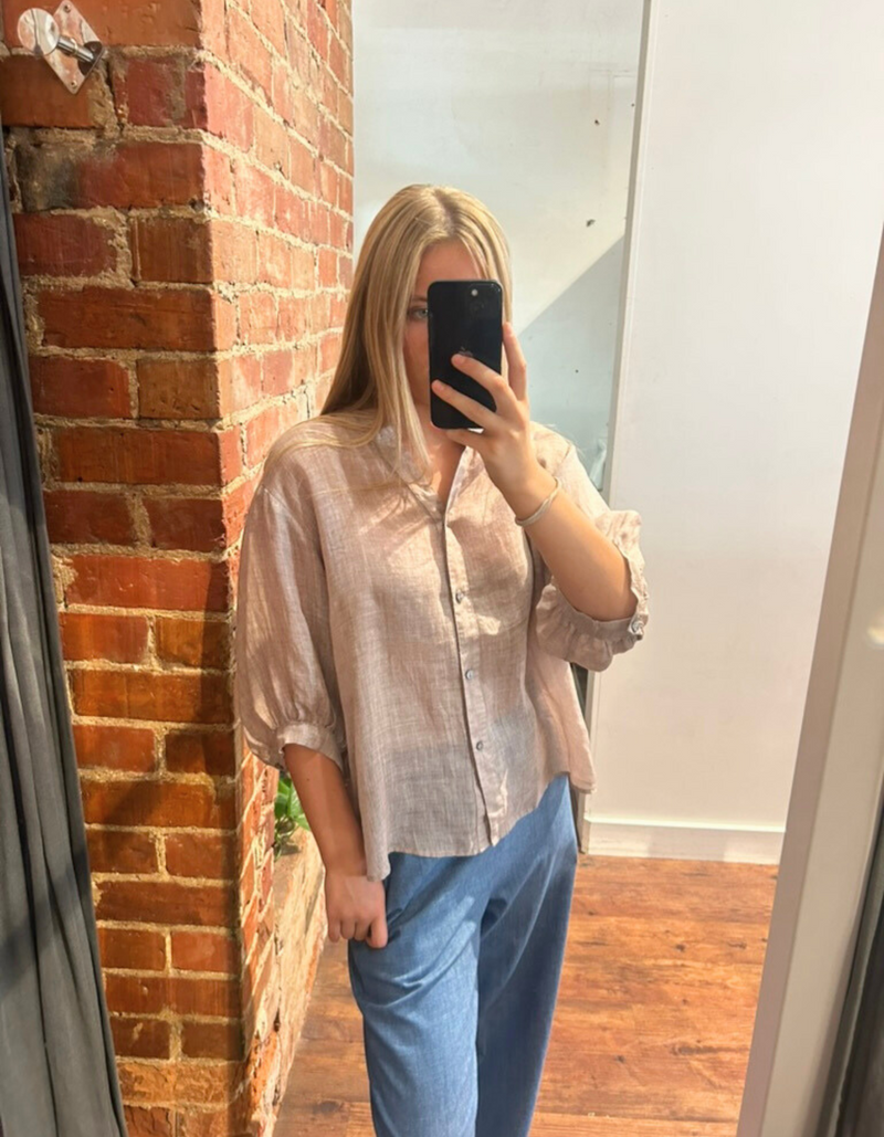 River Button Down Collarless Sheer Linen Shirt in Taupe