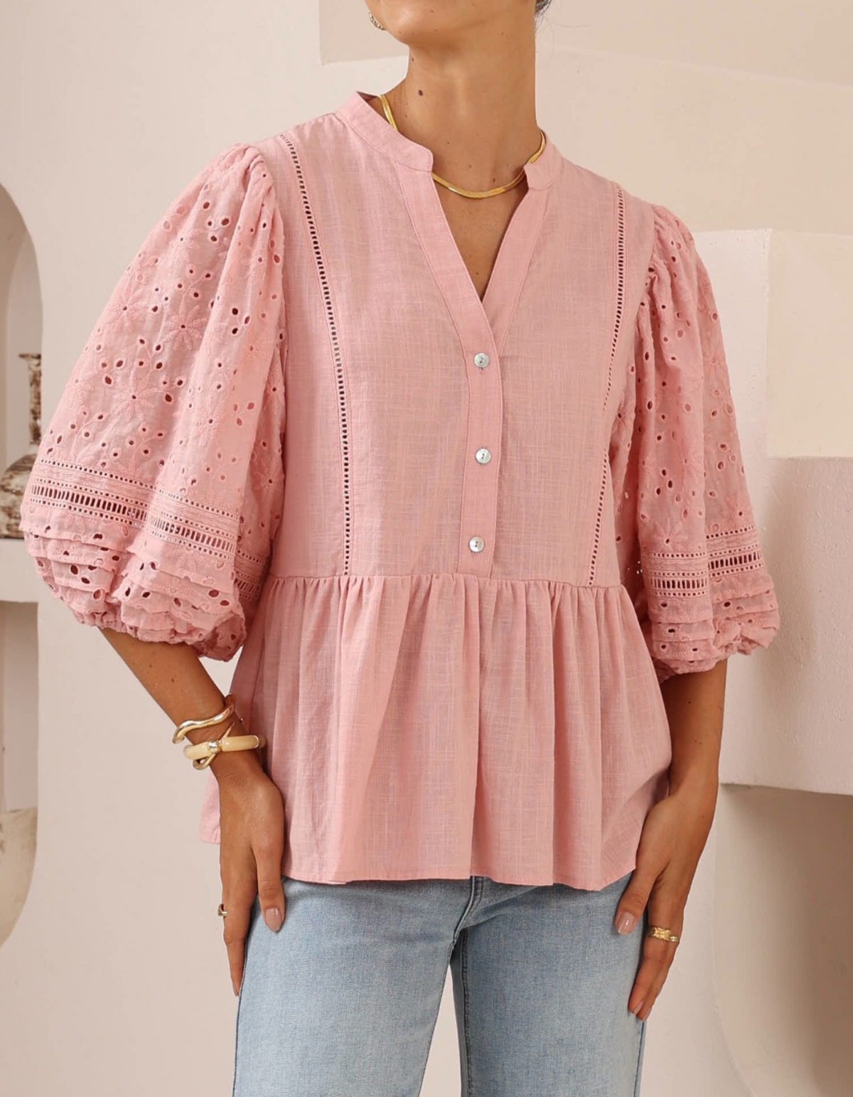 Camille V Neck Broderie Anglaise Sleeve Top in Pink