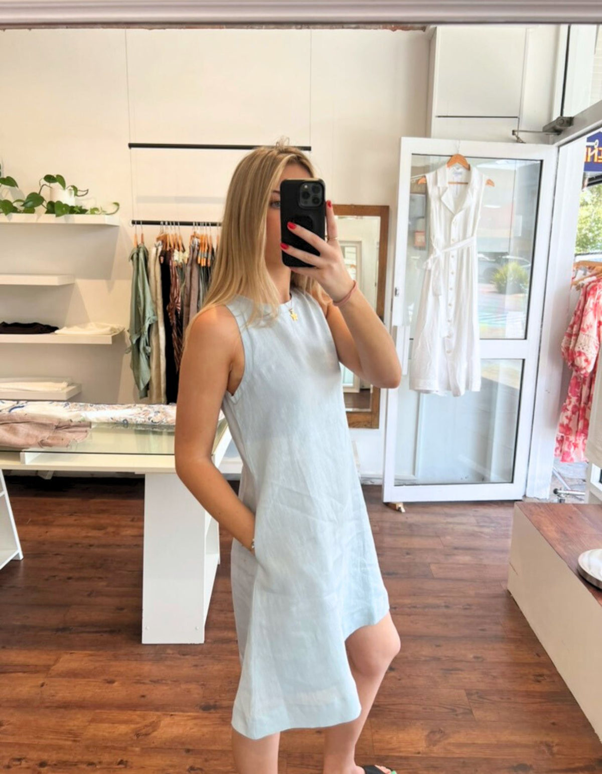 Apex A Line Sleeveless Linen Shift Dress in Light Blue