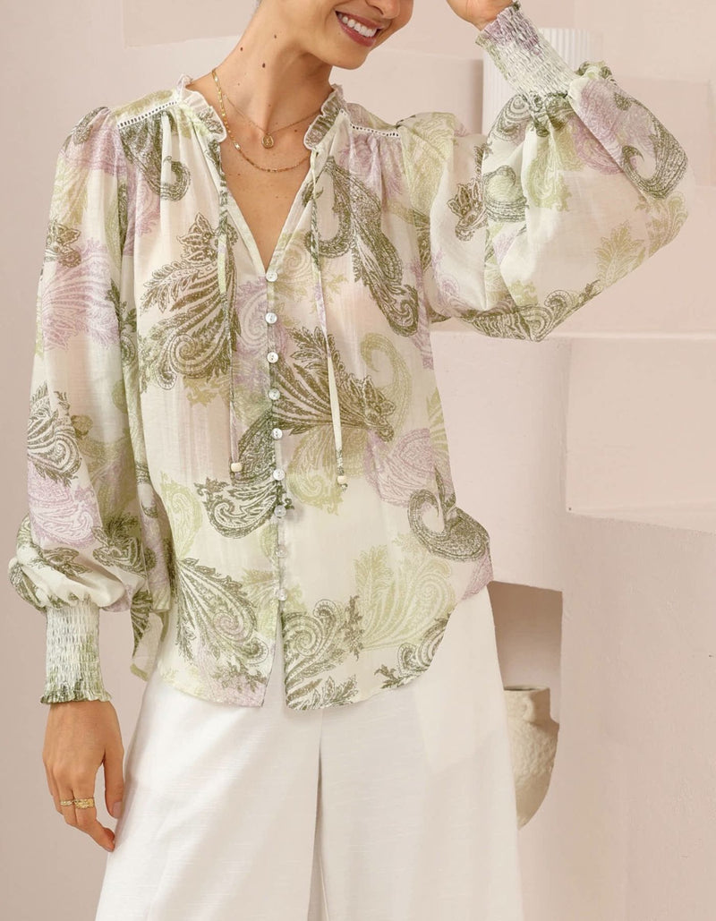 Estellle Button Down Blouse in Green Paisley Print