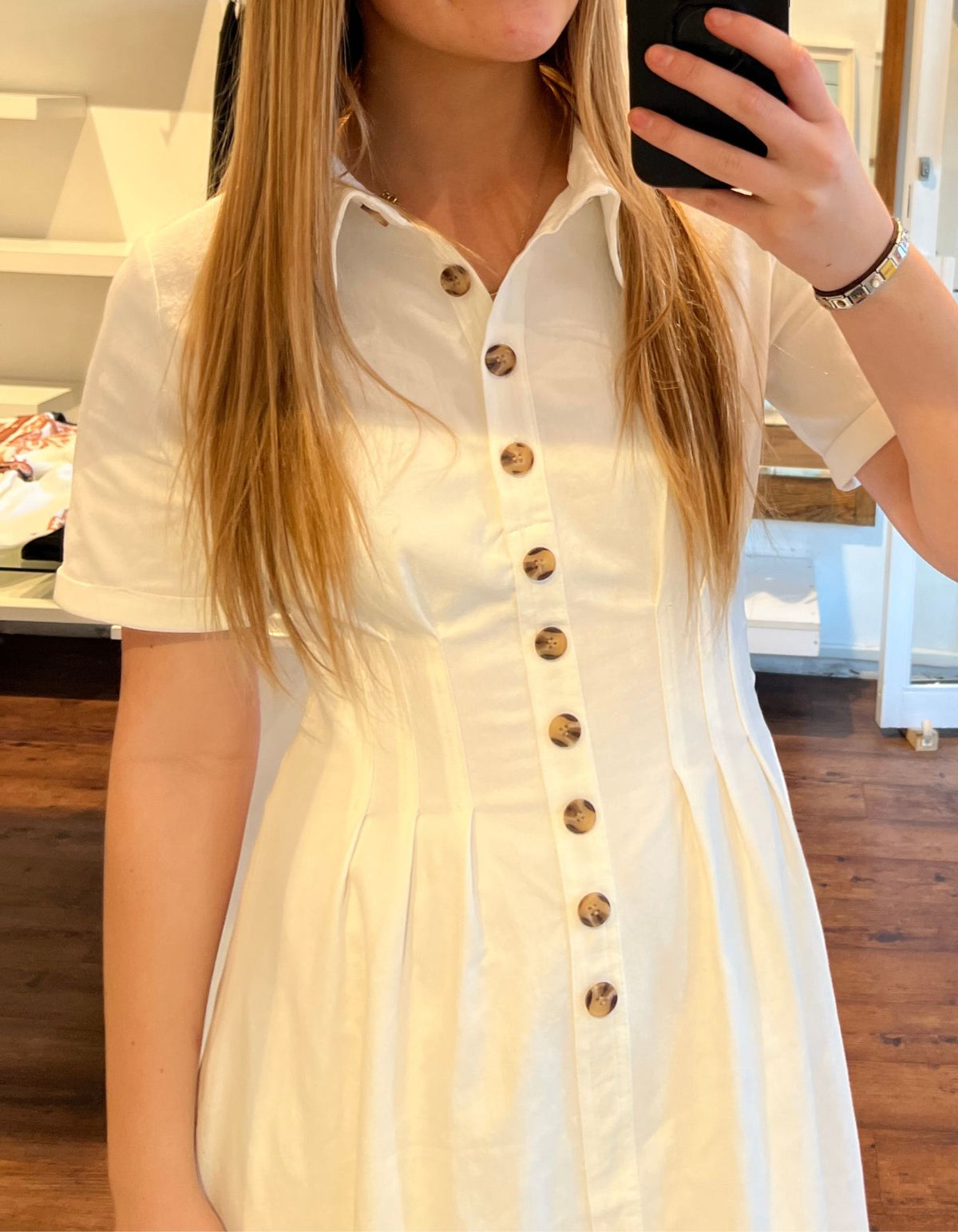 Kris Short Sleeve Button Down Midi Dress in White