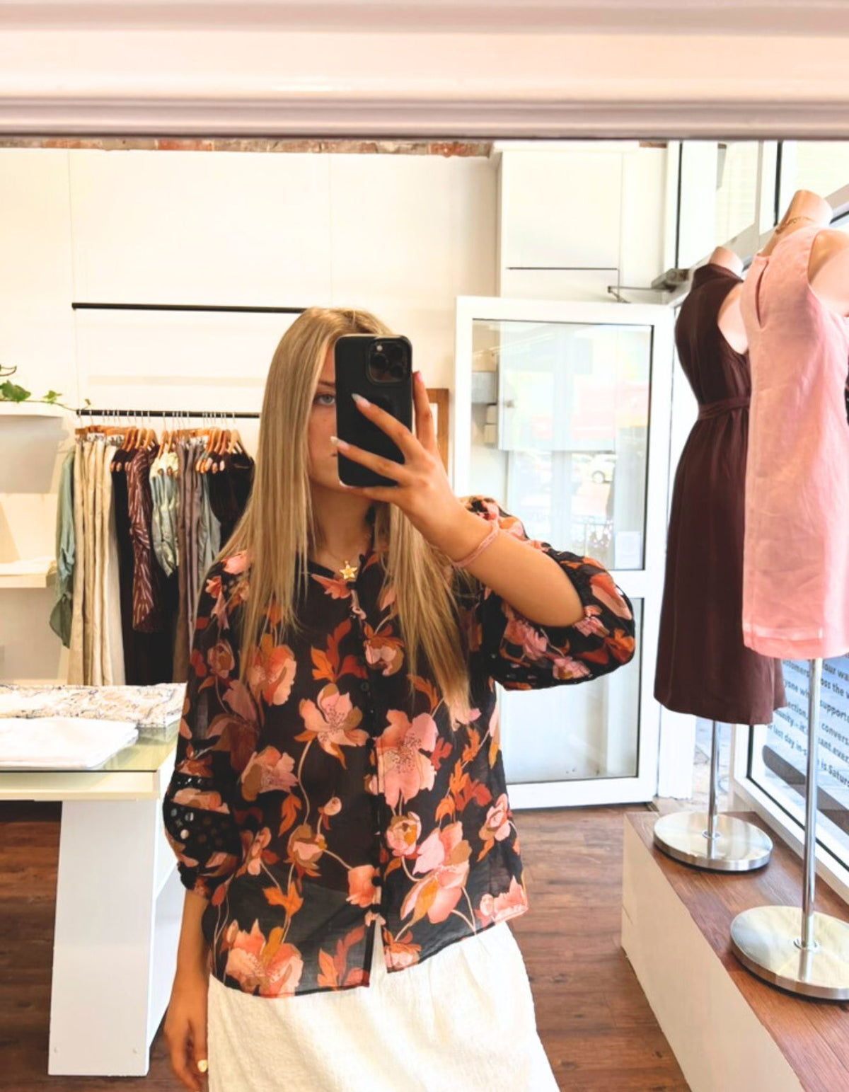 Arin Button Down 3/4 Sleeve Top in Black Floral