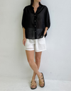 River Button Down Collarless Sheer Linen Shirt in Black