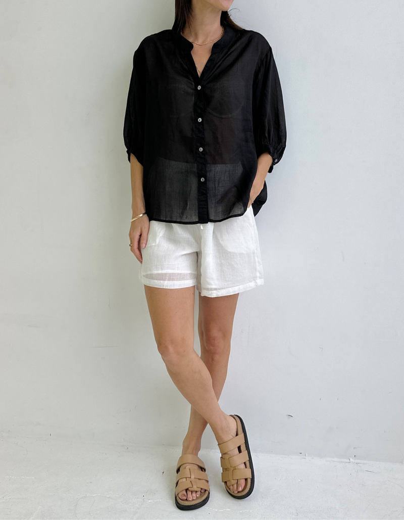 River Button Down Collarless Sheer Linen Shirt in Black