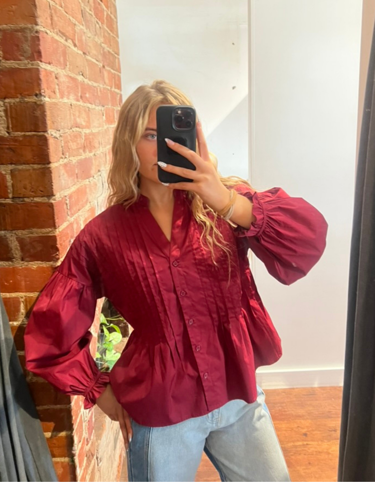 Willie Long Sleeve Pleated Button Up Shirt in Wine Red