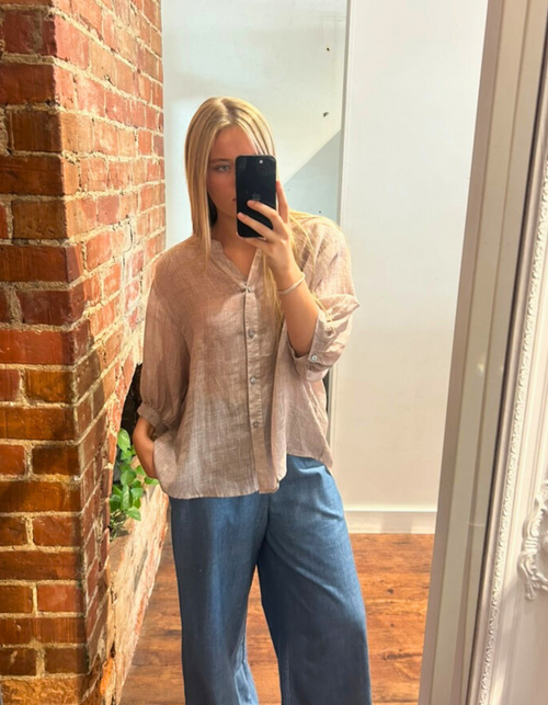 River Button Down Collarless Sheer Linen Shirt in Taupe