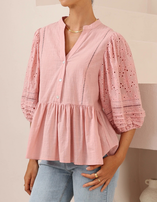 Camille V Neck Broderie Anglaise Sleeve Top in Pink