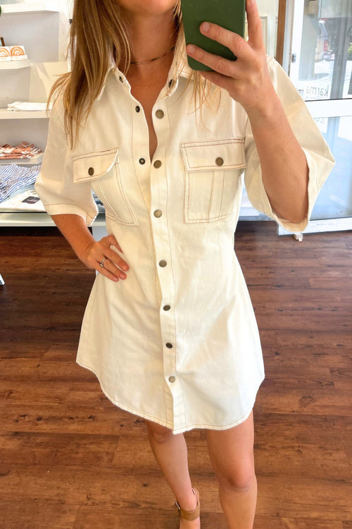 Islington Button Down Collar Dress in White Cotton