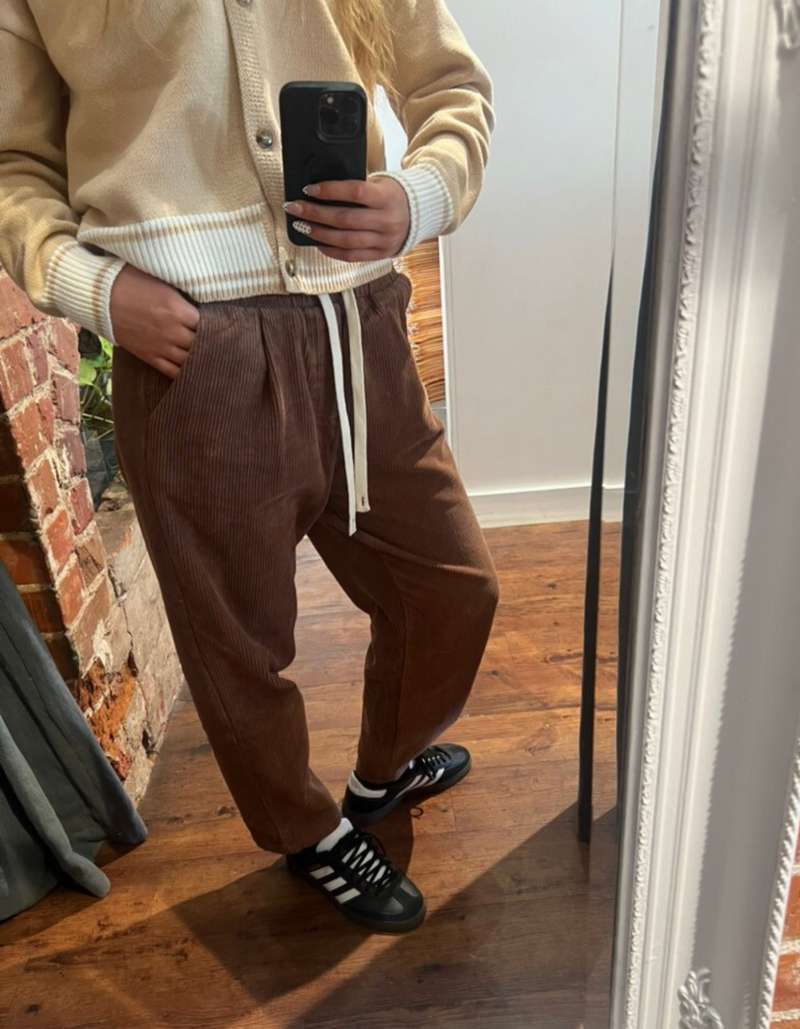 Bern Elastic Waist Relaxed Cord Pants in Brown