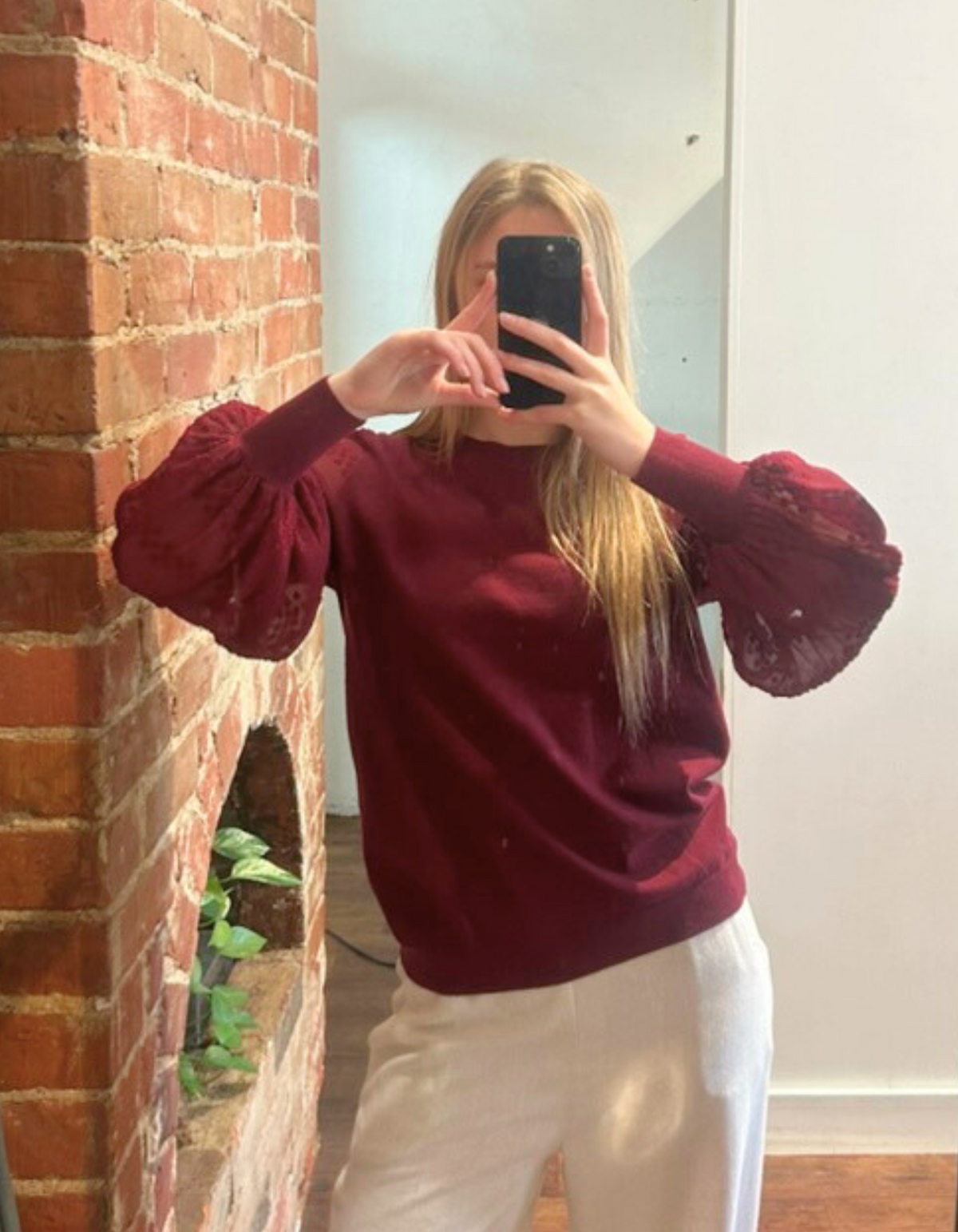 Teagan Long Lace Sleeve Top in Burgundy