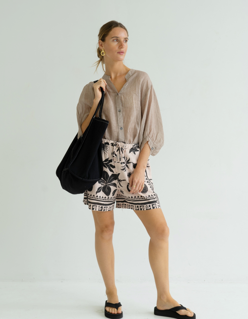 River Button Down Collarless Sheer Linen Shirt in Taupe