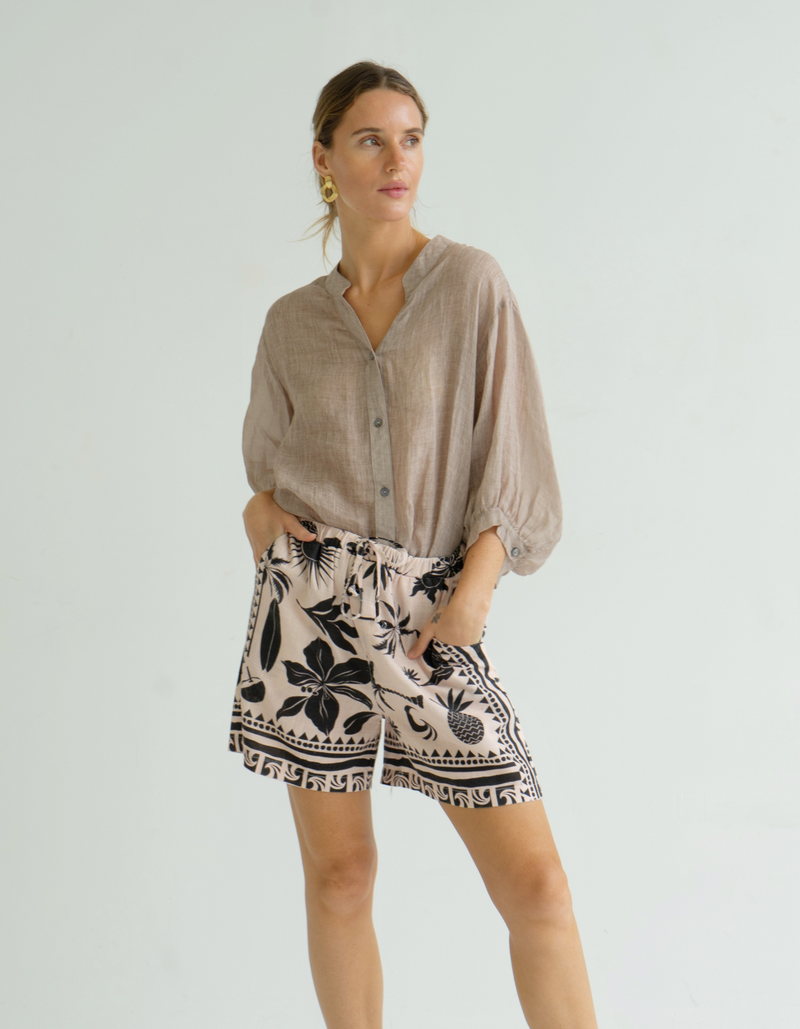 River Button Down Collarless Sheer Linen Shirt in Taupe