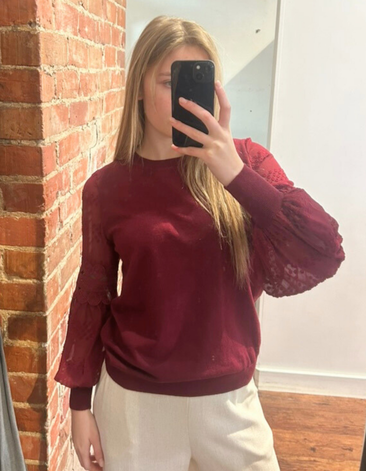 Teagan Long Lace Sleeve Top in Burgundy