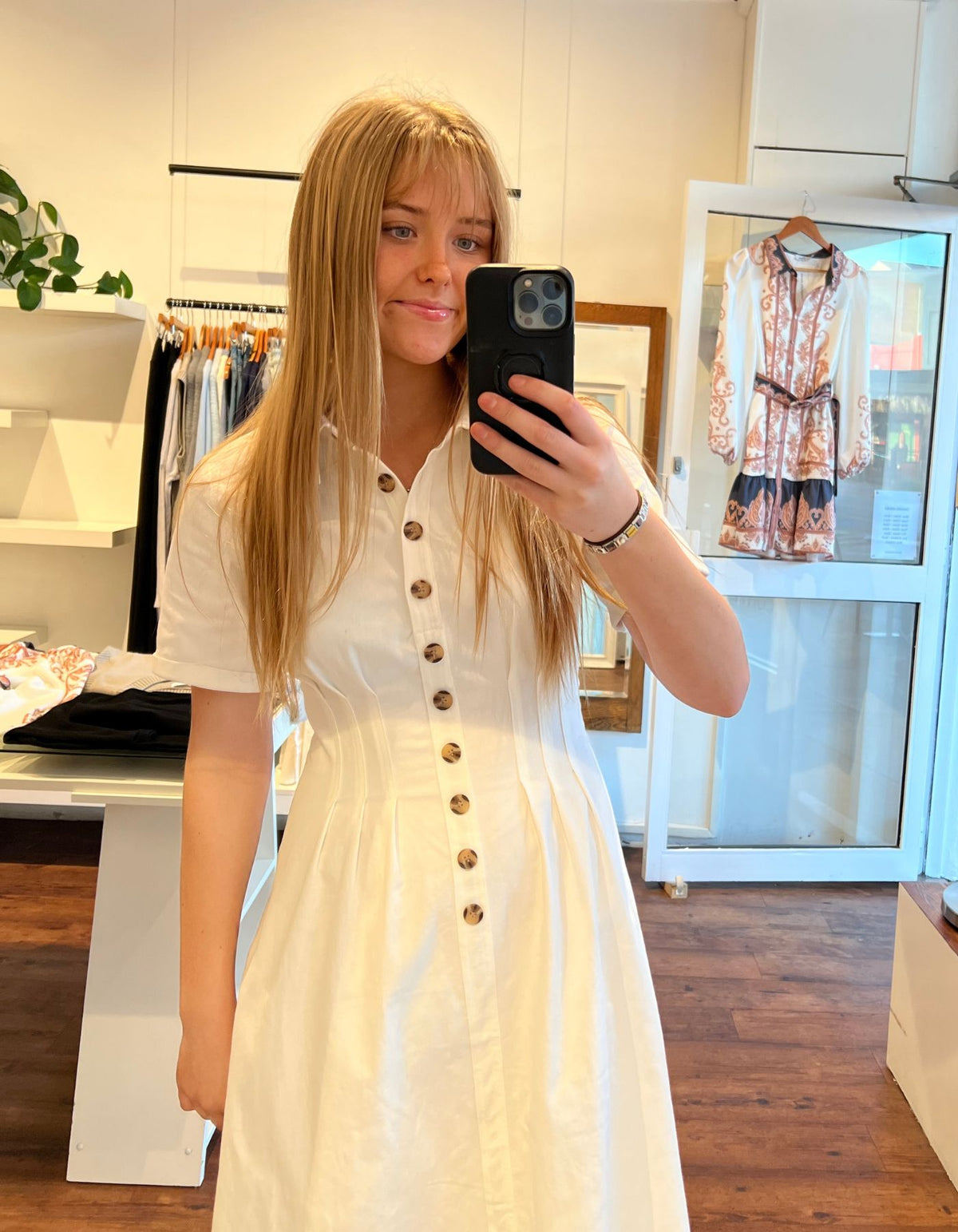 Kris Short Sleeve Button Down Midi Dress in White