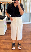 Lucca Front Split Midi Stretch Denim Skirt in White