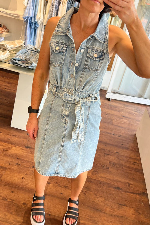 Ivy Sleeveless Button Down Denim Dress in Blue Wash