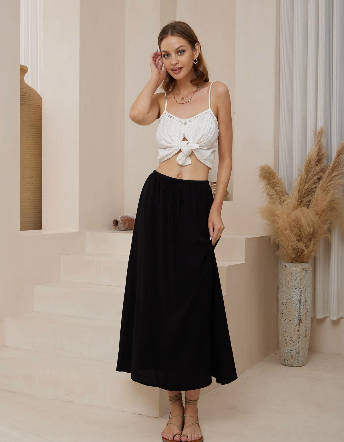 Abigail Elastic Waist MIdi Skirt in Black
