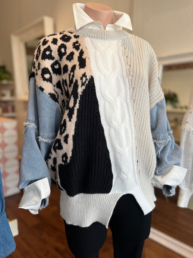 Tessa Denim Sleeve Knit Jumper in White/Blue/Black