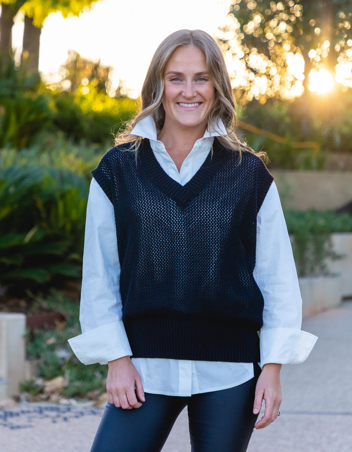 York Relaxed Fit V Neck Crochet Vest in Black