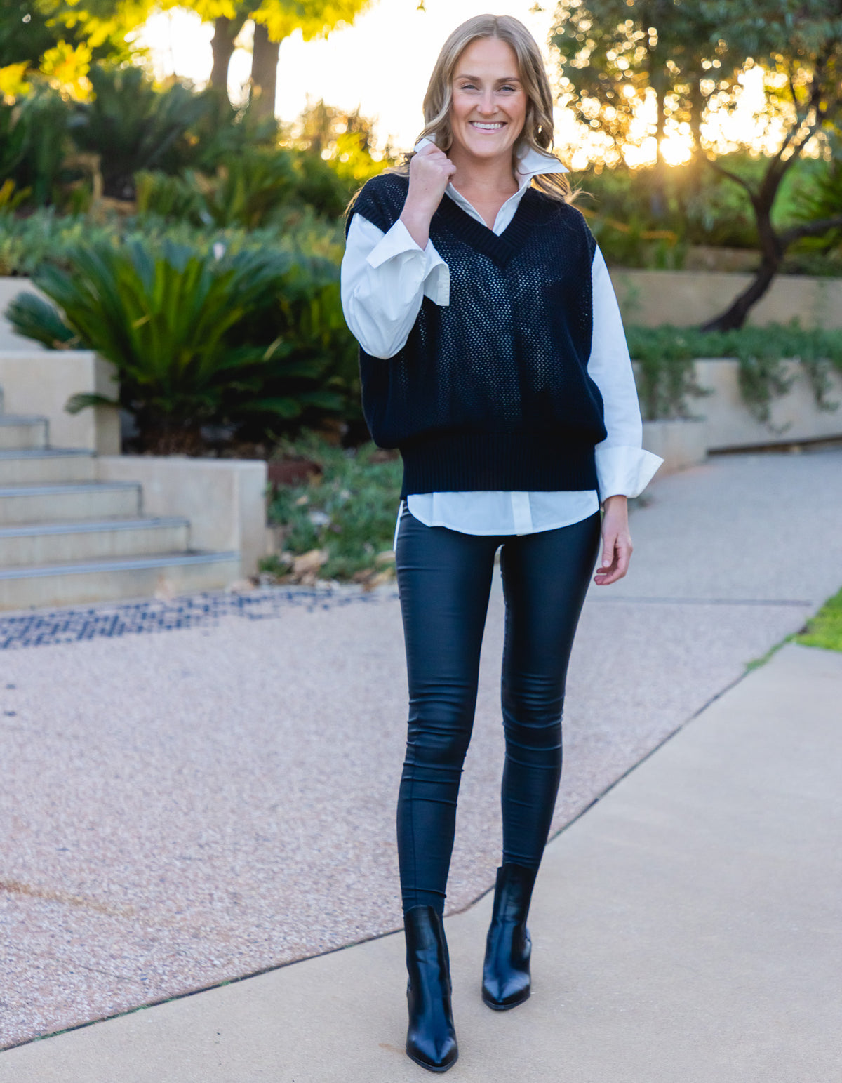 York Relaxed Fit V Neck Crochet Vest in Black