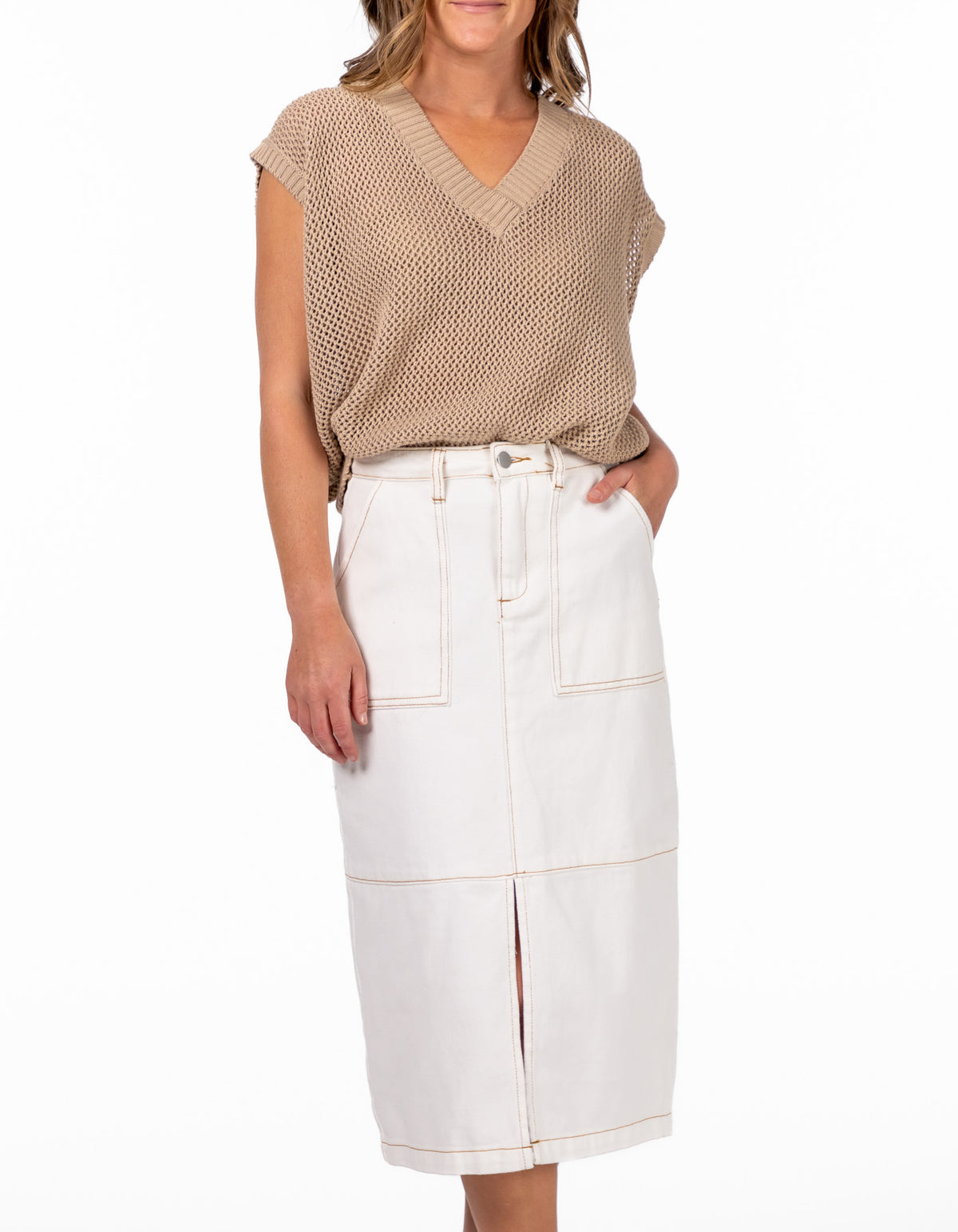 York Relaxed Fit V Neck Crochet Vest in Beige