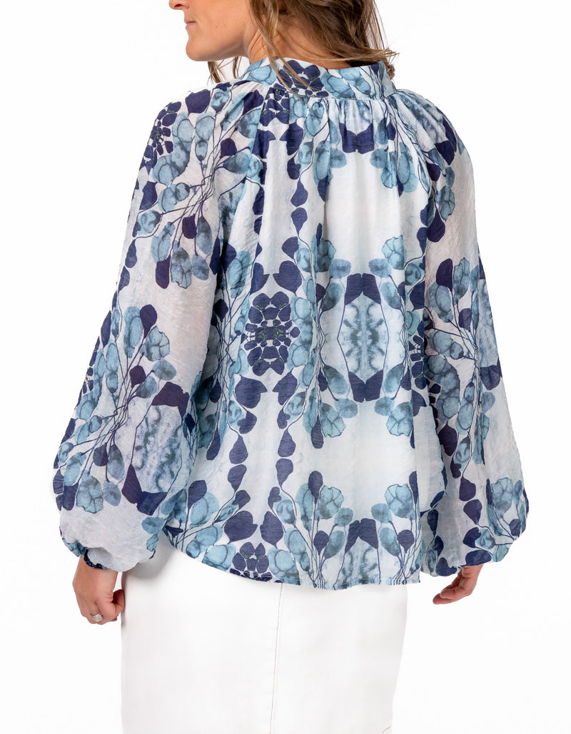 Adele Button Down Long Sleeve Blouse in Blue Print