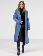 Quincy Long Denim Trench Coat in Blue Wash