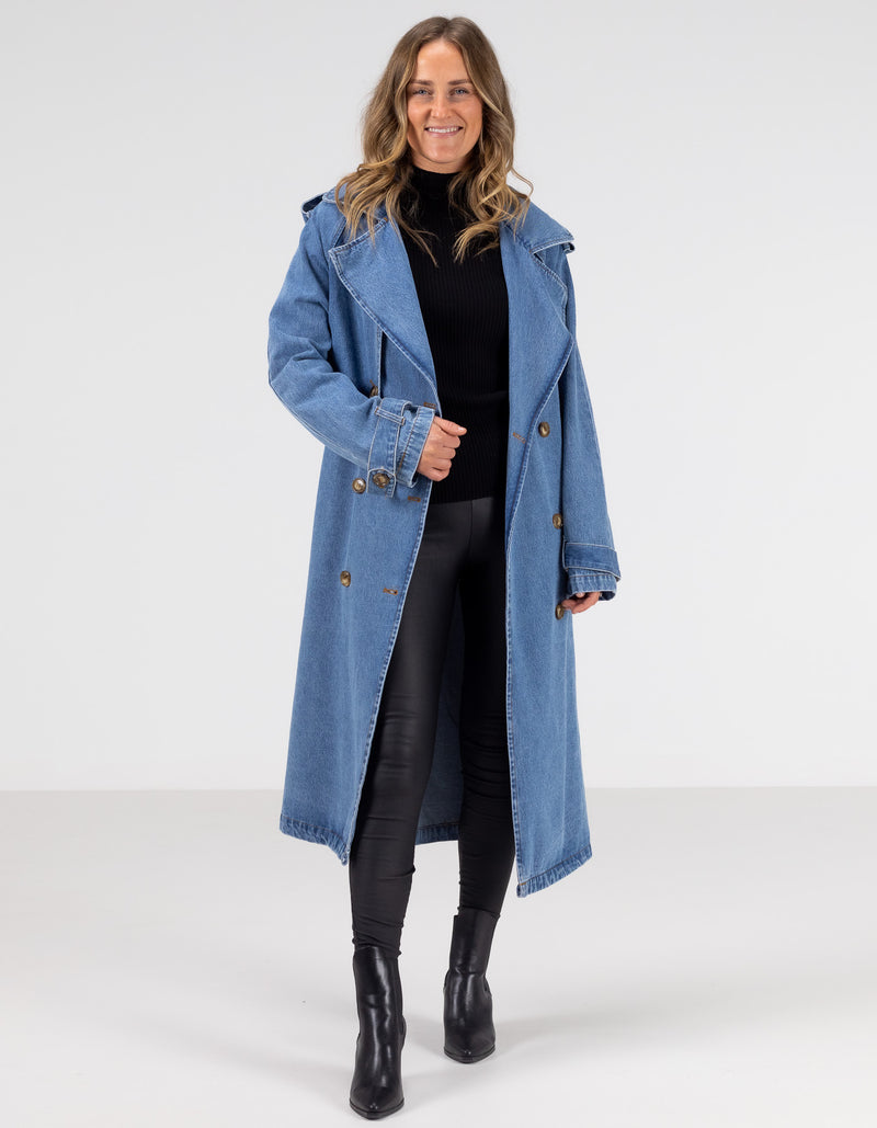 Quincy Long Denim Trench Coat in Blue Wash