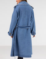 Quincy Long Denim Trench Coat in Blue Wash