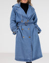Quincy Long Denim Trench Coat in Blue Wash