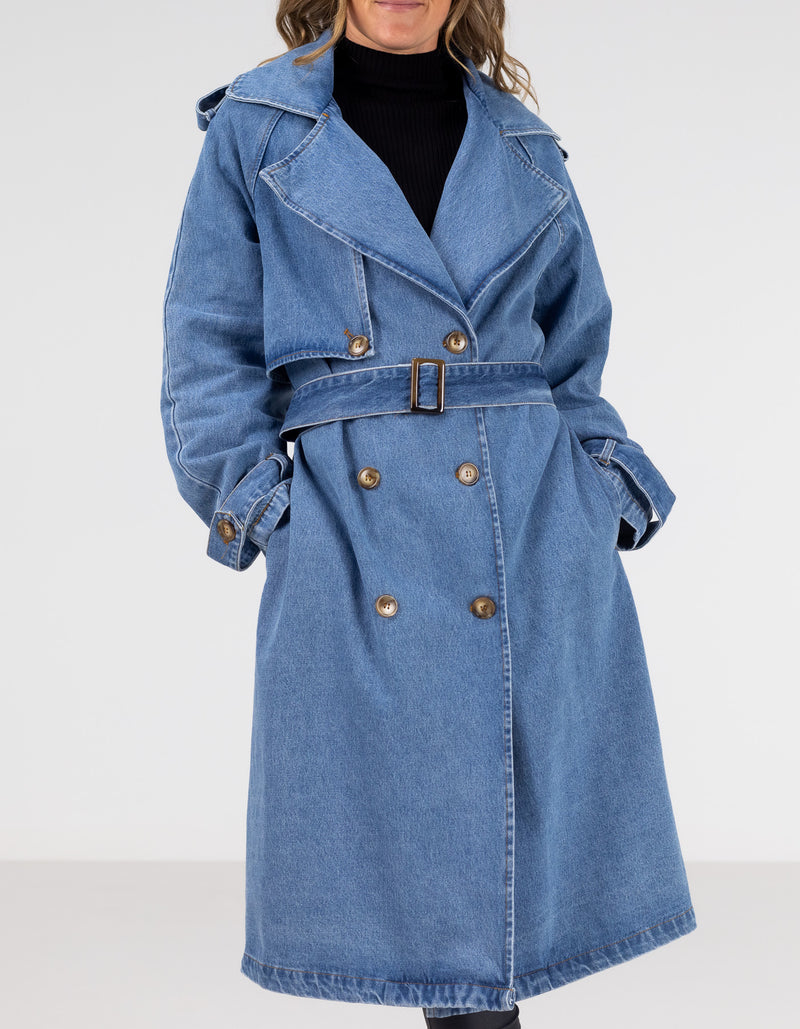 Quincy Long Denim Trench Coat in Blue Wash